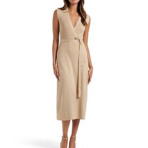 Ever New Lara Knit Dress In Latte Size 6 Collar Midi Belted V-neck Silky